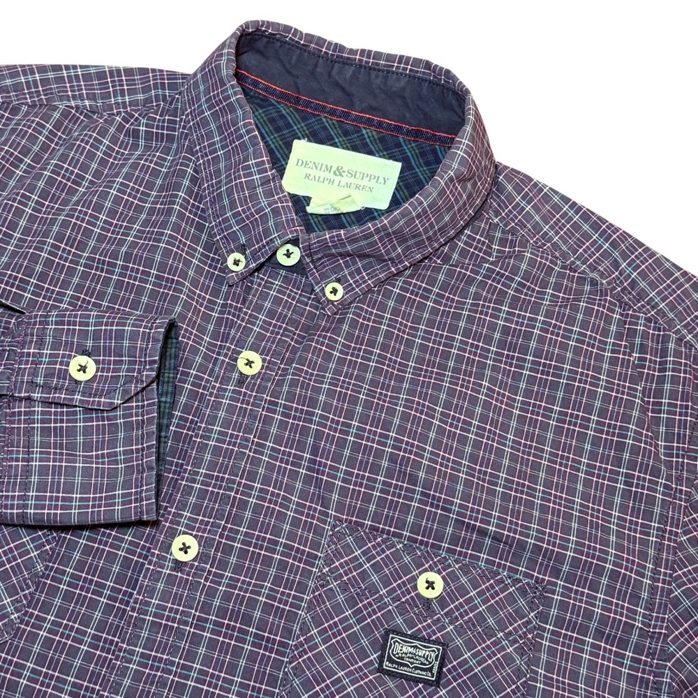 Denim & Supply Ralph Lauren Mens XL Plaid Button Down Shirt Elbow Patches Purple